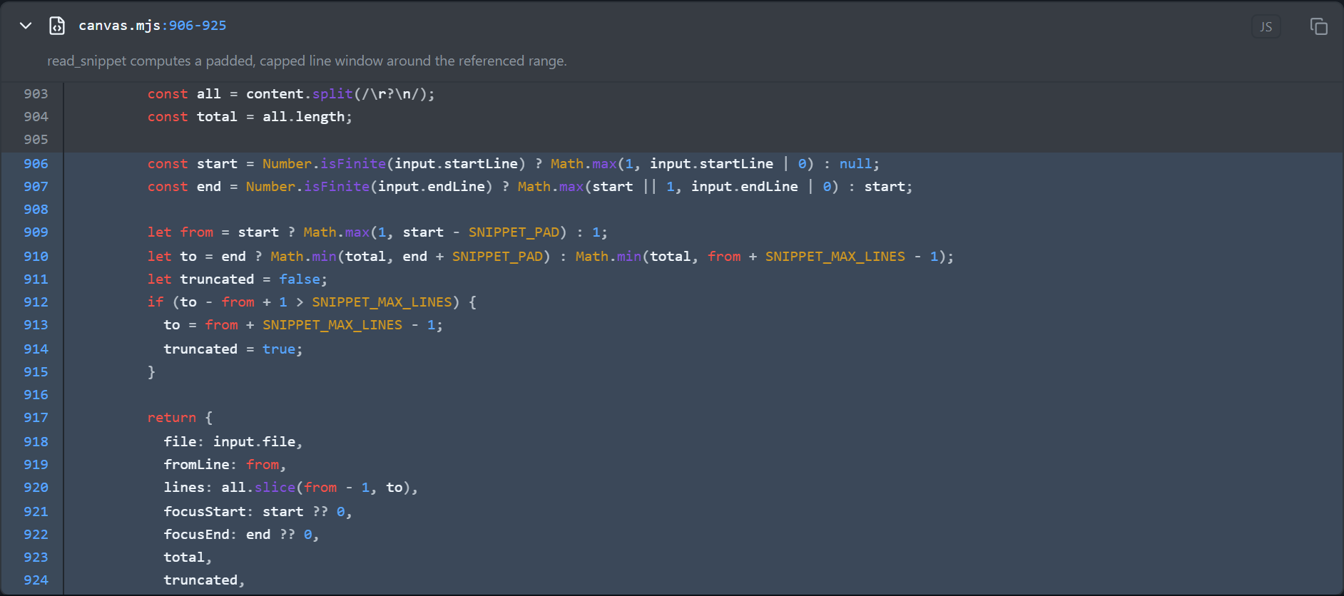 An expanded code reference showing syntax-highlighted source with a line-number gutter